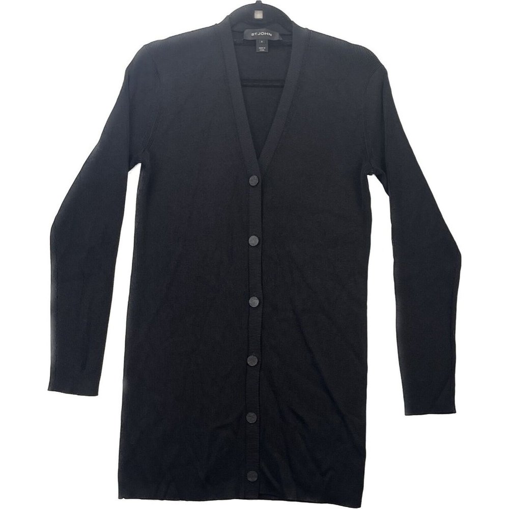 St John Womens Size Small Very Long Cardigan Black Textured Buttons Long Sleeve